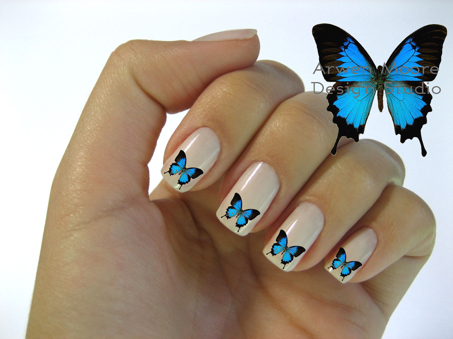 pink butterfly acrylic nail design