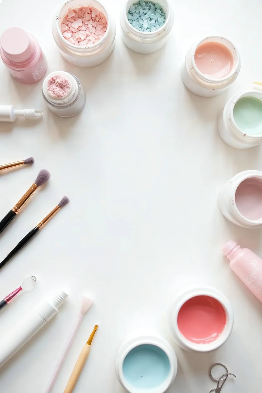 Flat lay of acrylic fill at home supplies including colorful powders, brushes, and tools on a white surface