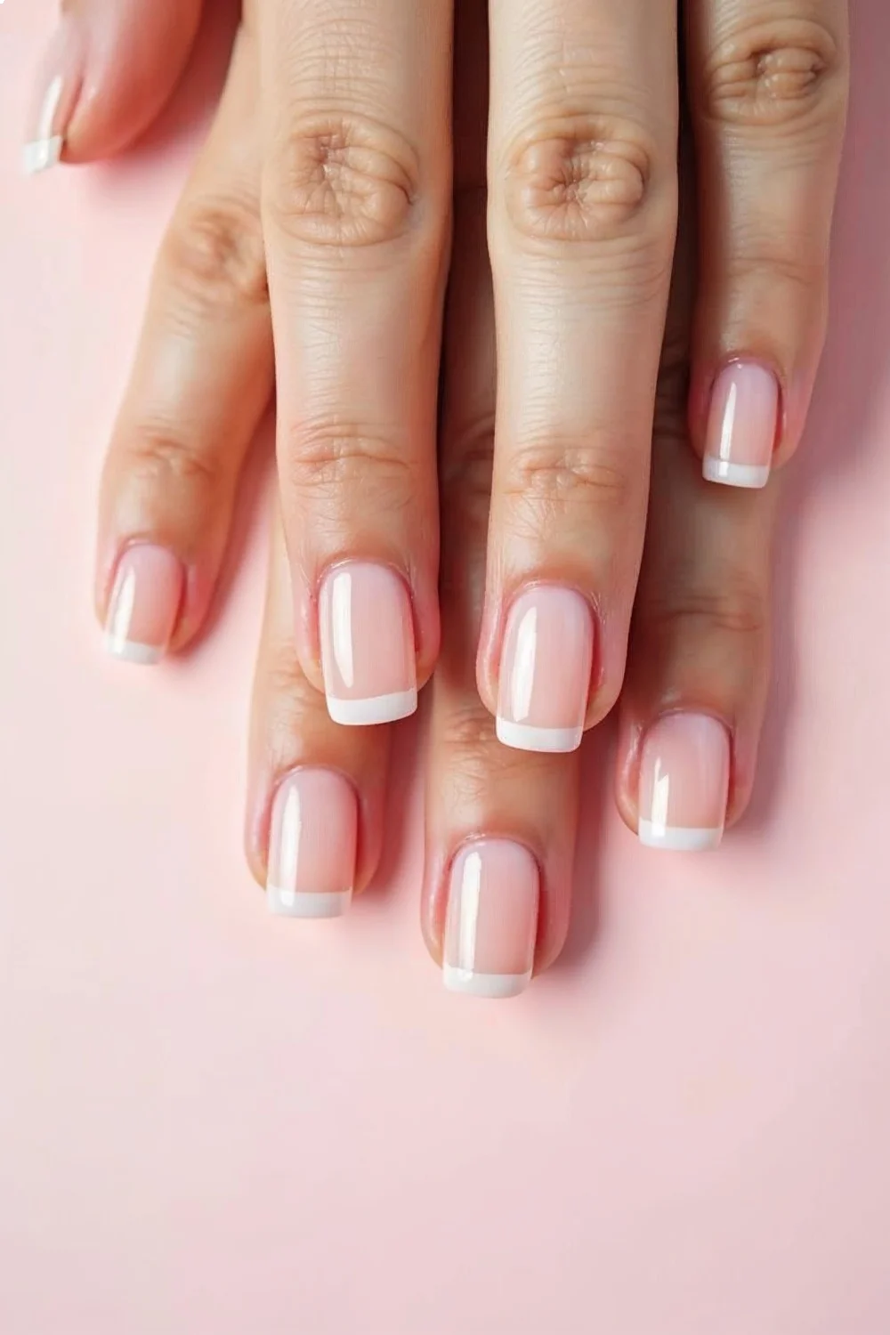 Fresh acrylic application with coral pink french tips on almond nails