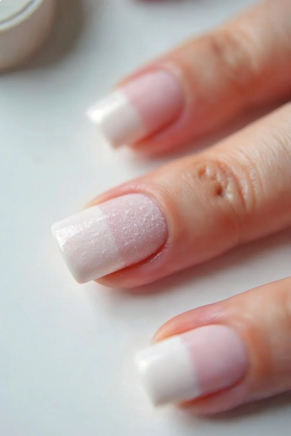 Coral pink nails with white tips, showing progression of acrylic fill at home with matte and chalky surfaces