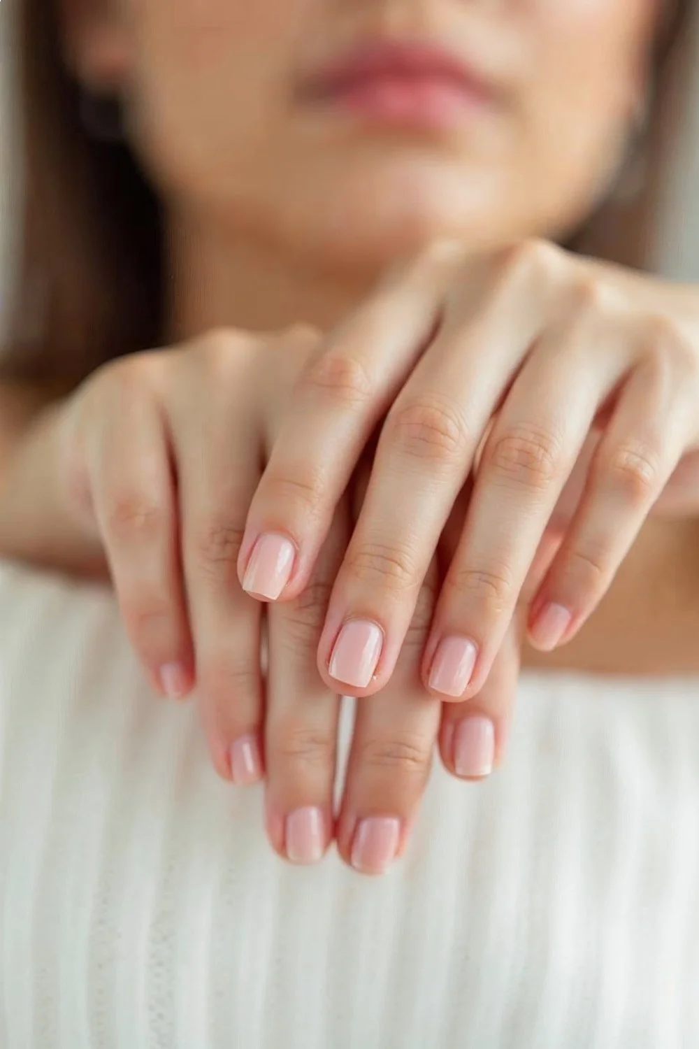 Healthy natural nails with a coral pink polish, showcasing proper cuticle condition and no damage, related to acrylic fill at
