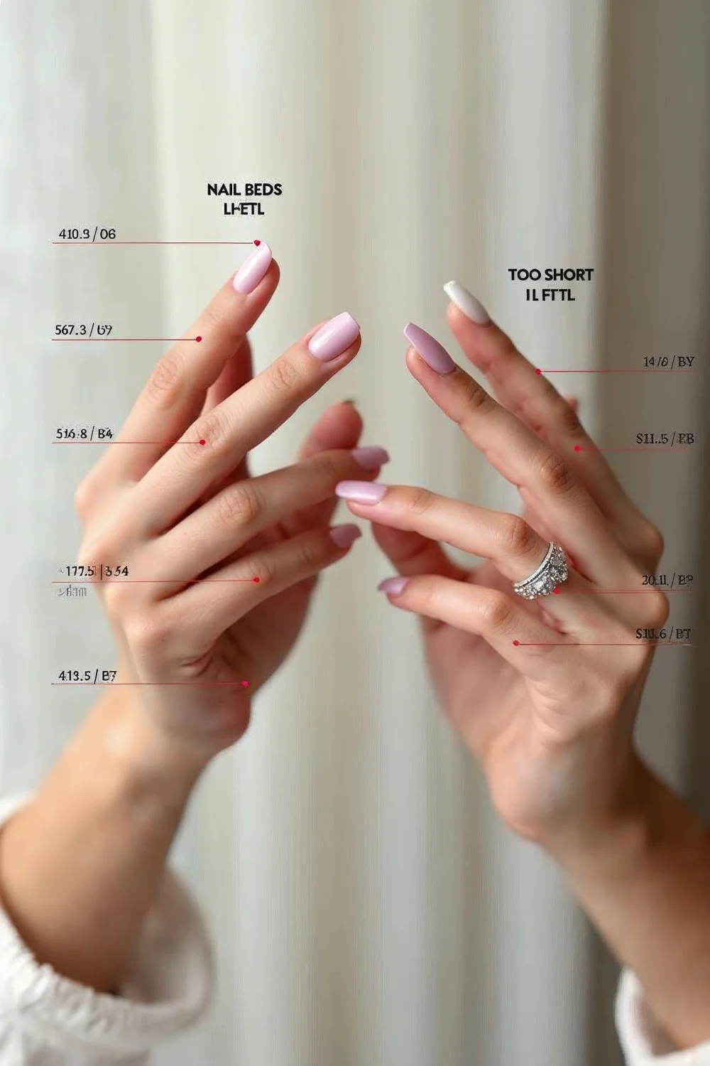 Side-by-side comparison of suitable and unsuitable nail beds for almond nail shape, with length annotations and pastel nail c