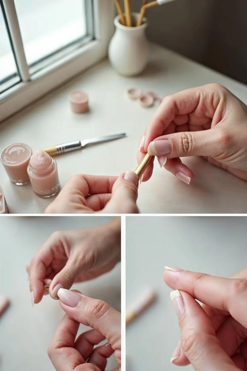Hands filing a nail extension from square shape to tapered sides for an almond nail shape, with nail polish bottles in the ba