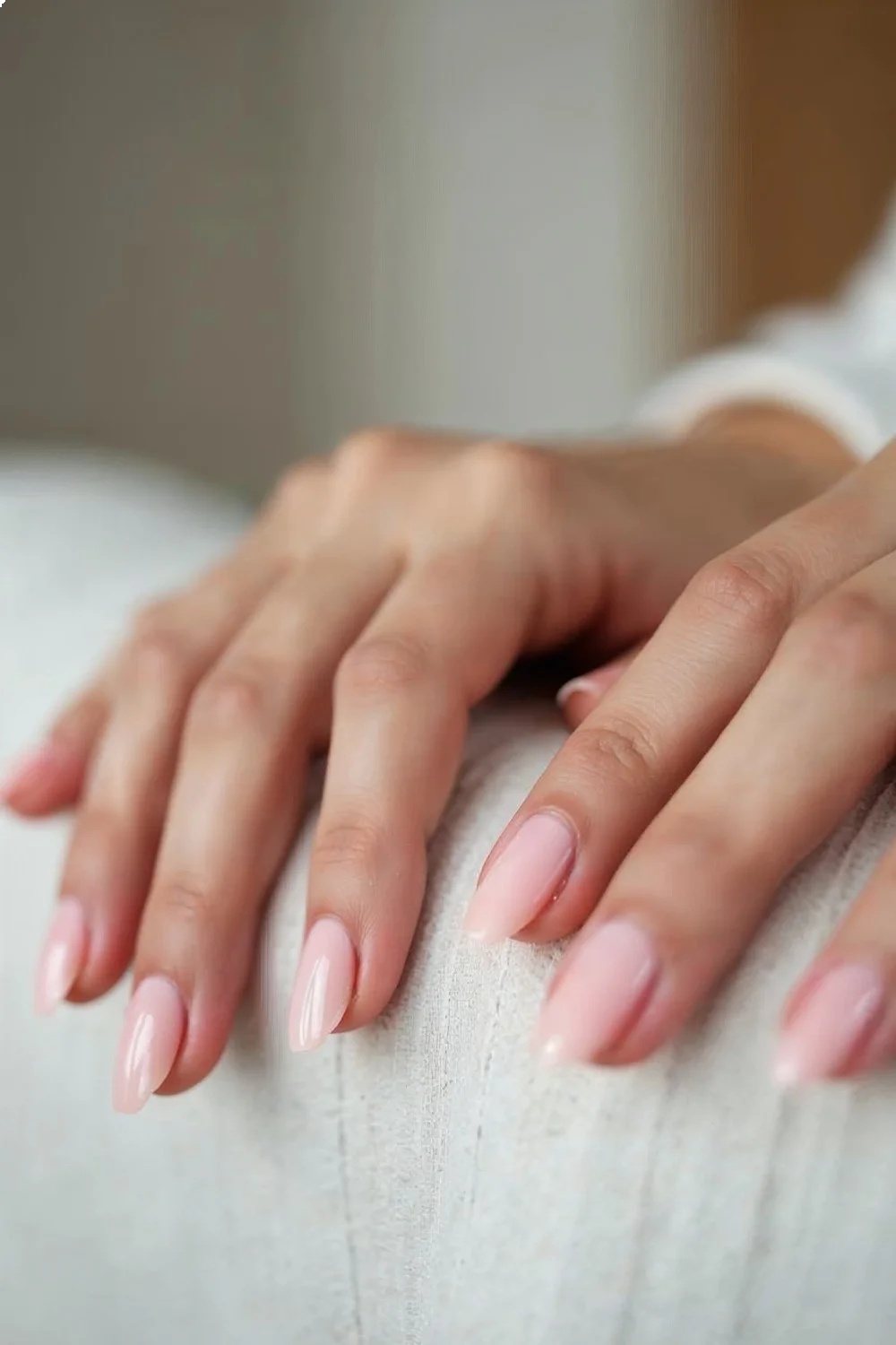 Coral pink almond nail shape with a fresh manicure on one hand and slightly grown nails on the other
