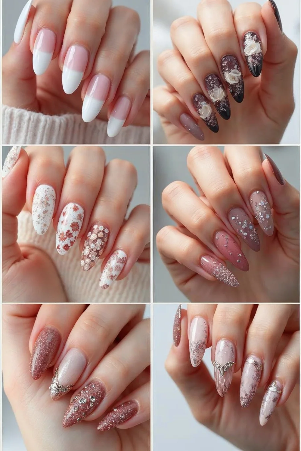 almond nail shape with coral pink French tips, seasonal patterns, and 3D textures in various designs