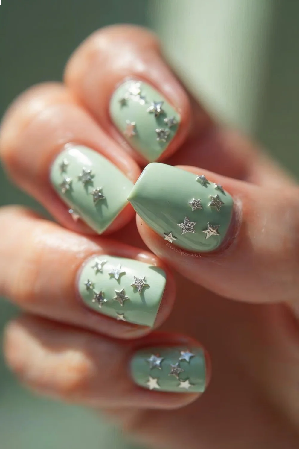 Close-up of mint green nails with silver star details shown in natural lighting to display dimension and sparkle