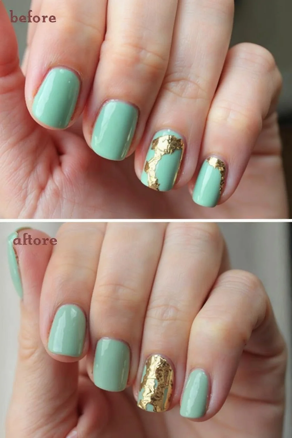 Before and after comparison showing sage green base alone versus with gold foil accents applied