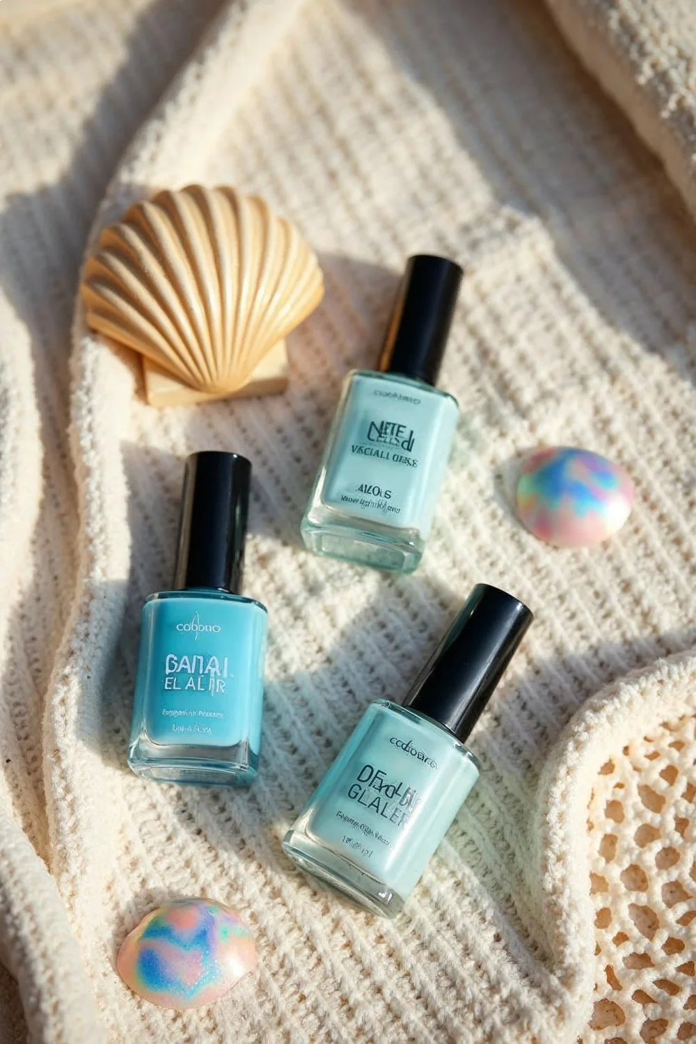 Gel polishes in ocean blues and sandy neutrals with shell embellishments on a beach towel, featuring beach nails essentials
