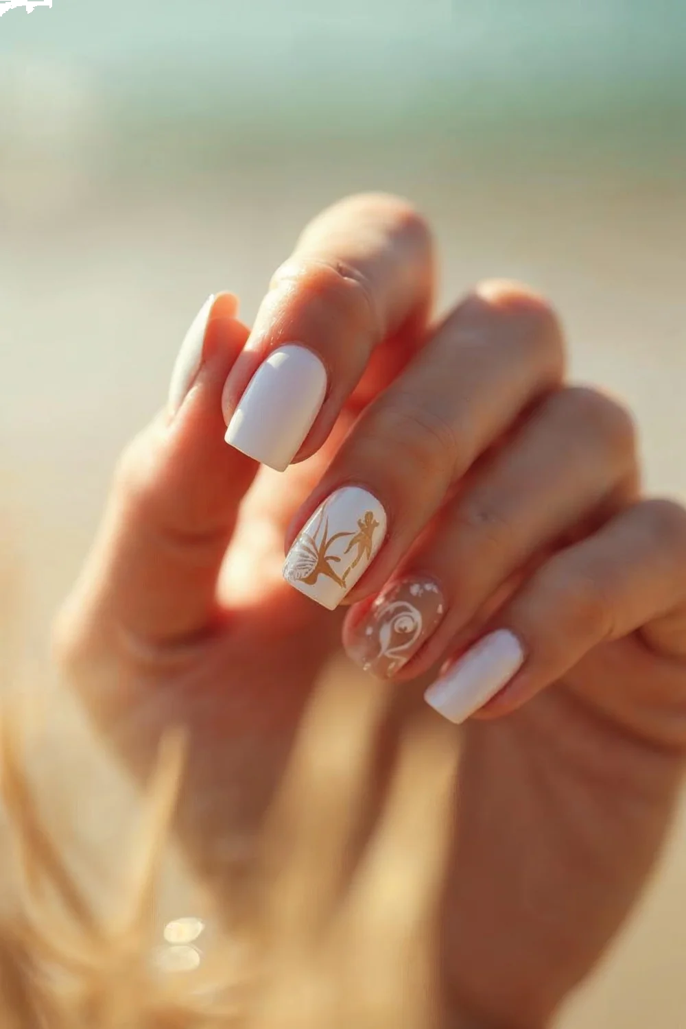 Neutral nude nails with an accent nail featuring white seashells and tan details, inspired by beach nails