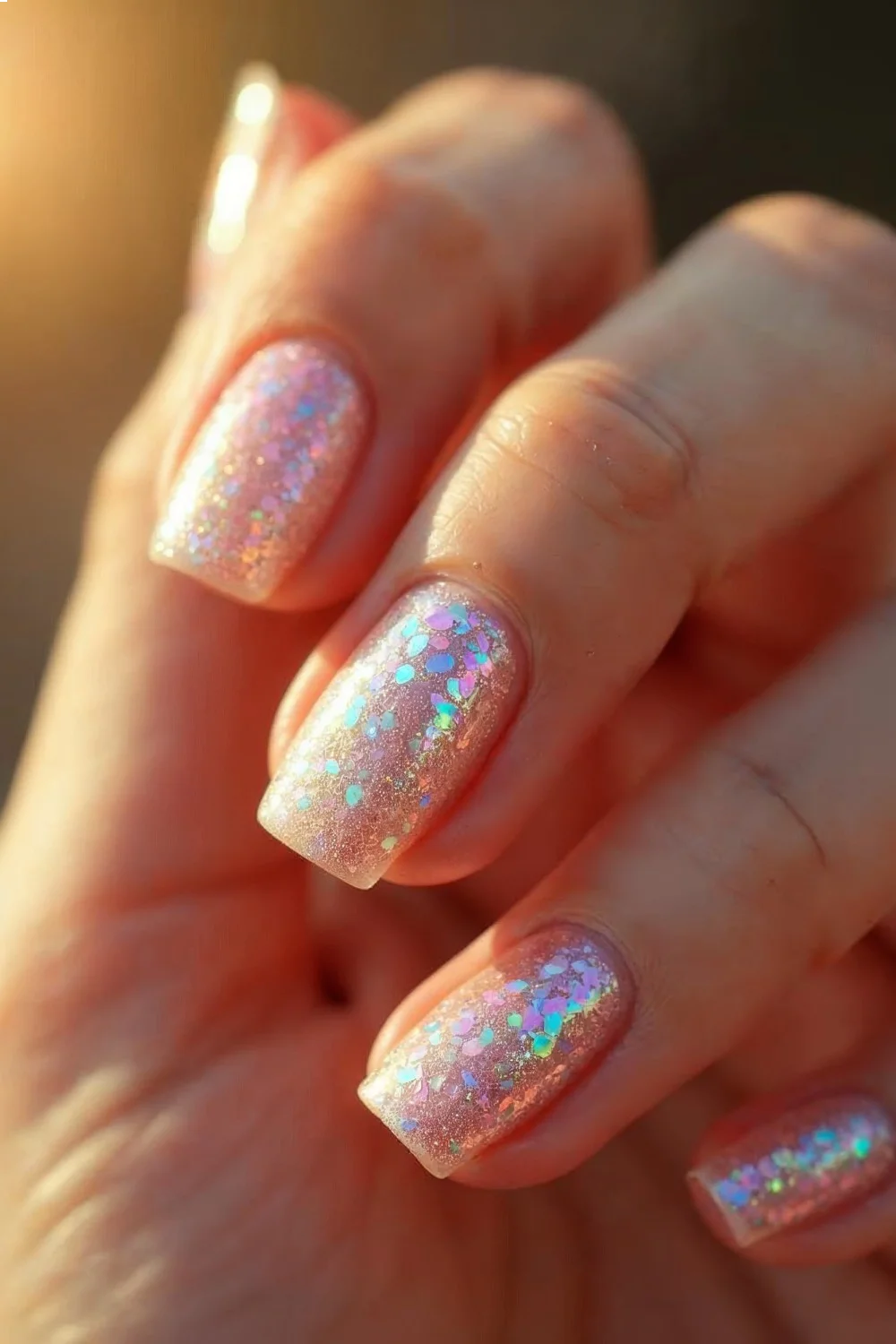 coral pink nails with iridescent pearl flakes reflecting sunlight, showcasing beach nails