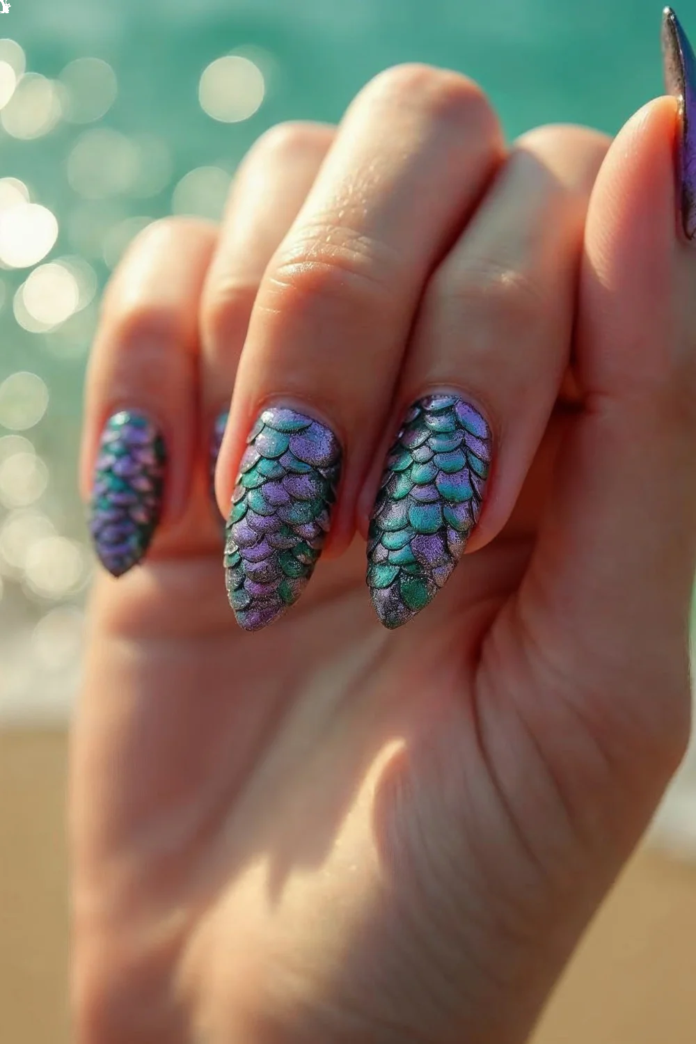 Iridescent teal and purple mermaid scale nail design on long almond nails showcasing dimensional pattern, beach nails