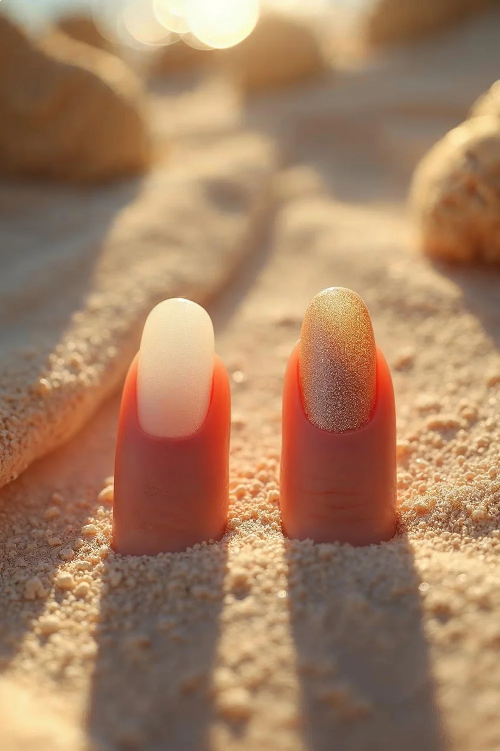 Coral pink nails with a matte finish on the left and a glittery gold tip on the right, set on sandy beach background