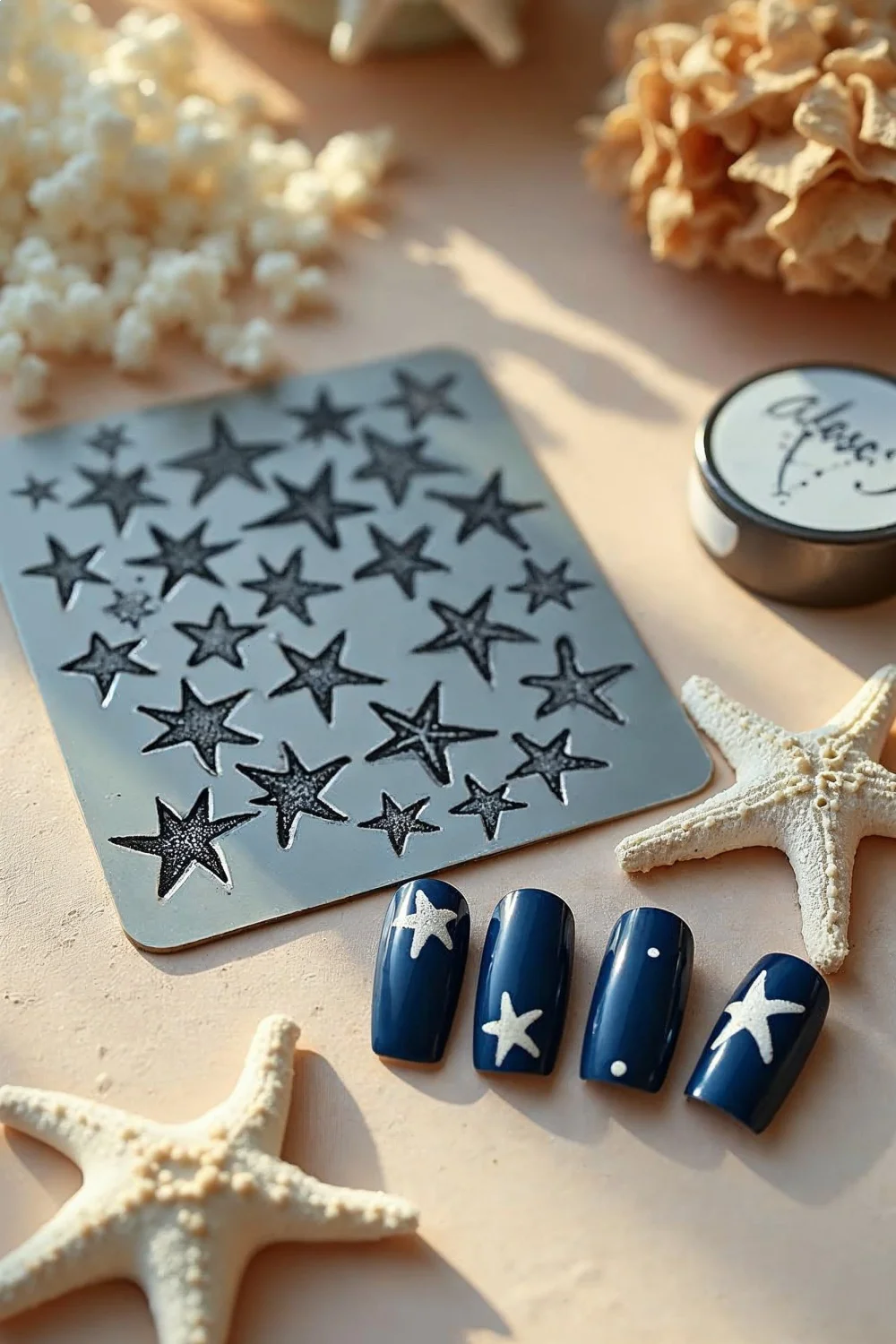 Flat lay of a stamping plate with starfish designs, stamper, scraper, and navy beach nails with white starfish