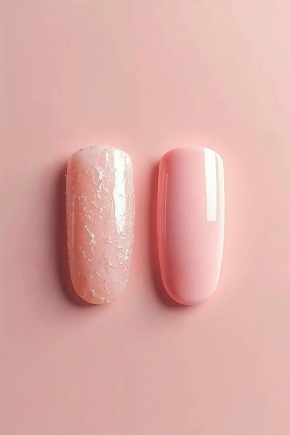 Before and after comparison of ridged nail surface on the left and smooth base-coated surface on the right under sheer polish