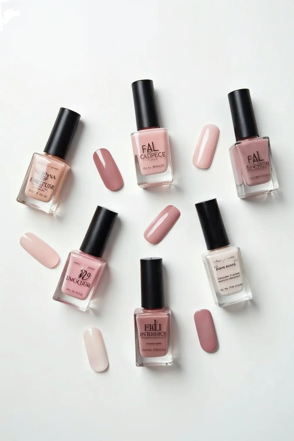 Seven base coat bottles in soft pink and nude shades with swatches on nail wheels showcasing texture differences