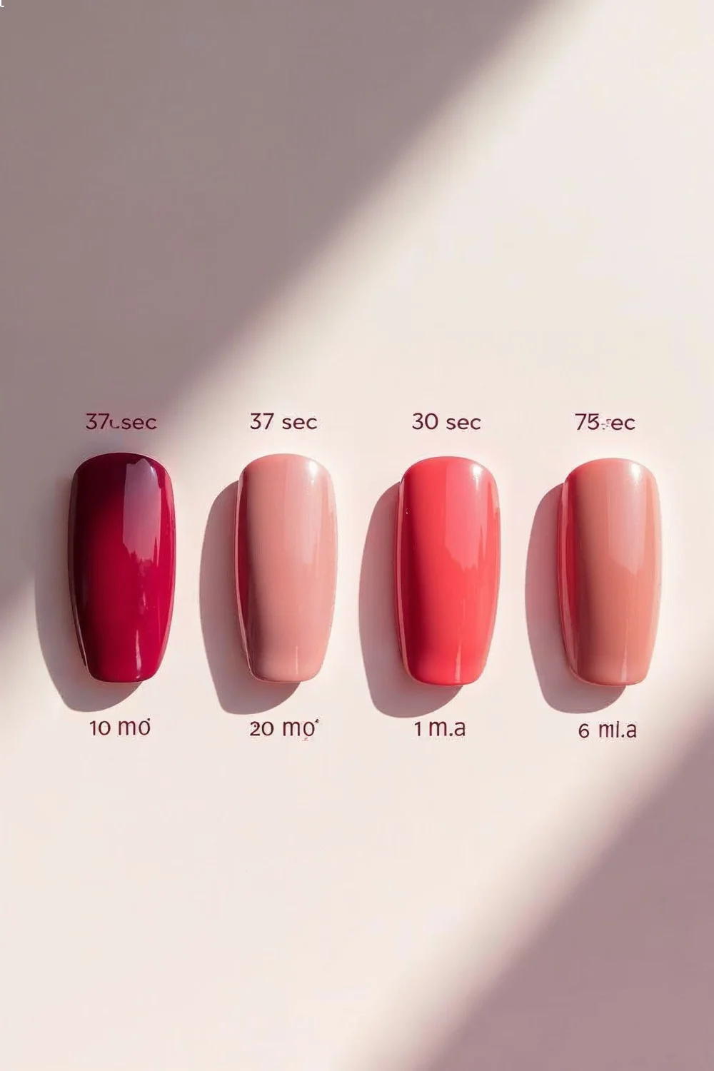 Four nail swatches in varying shades of pink and red, labeled with dry time test results for the best base coat for nails