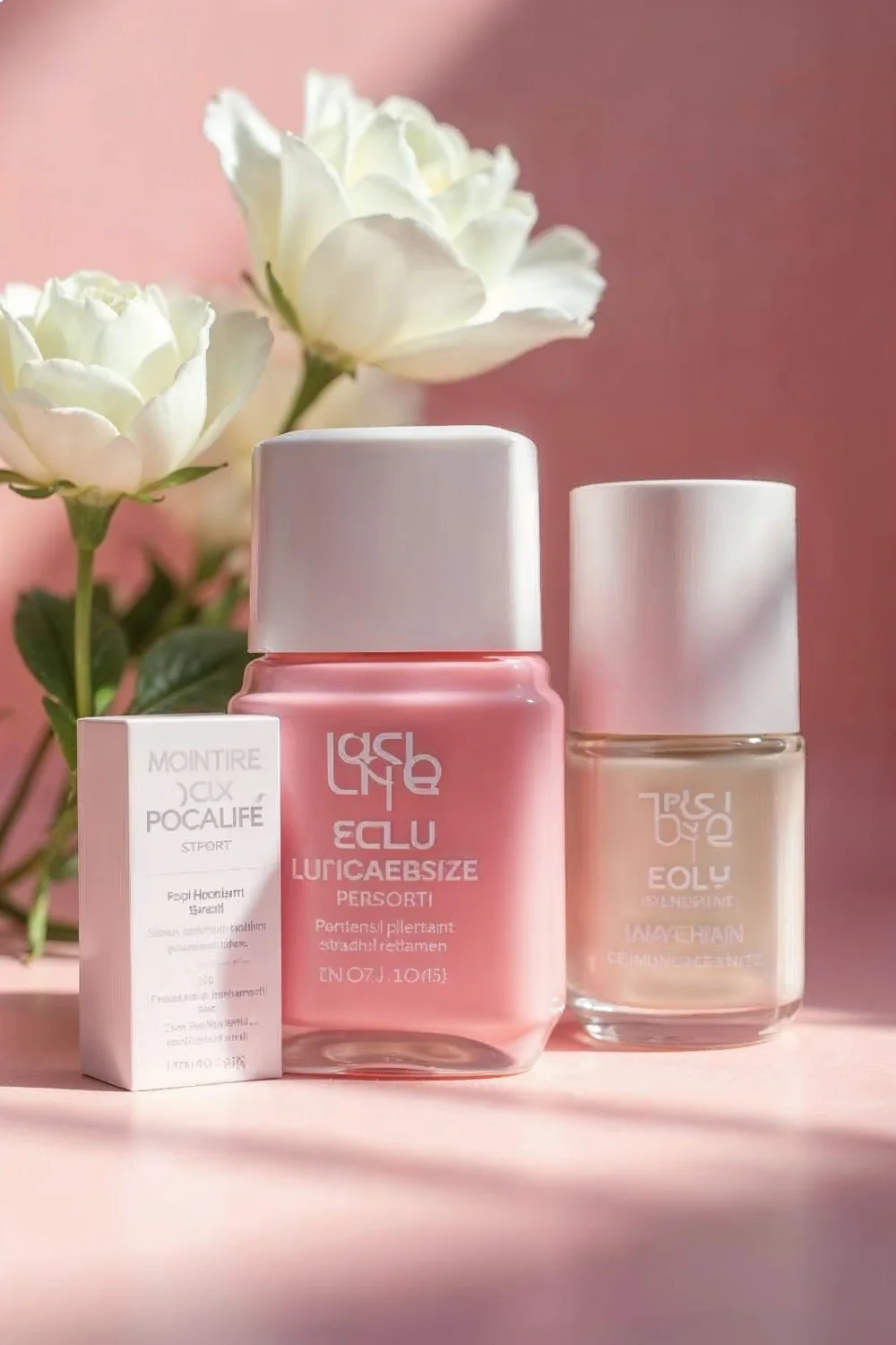 Three nail care products on a pink background, featuring a pink base coat, a clear top coat, and a white box labeled "Moistur