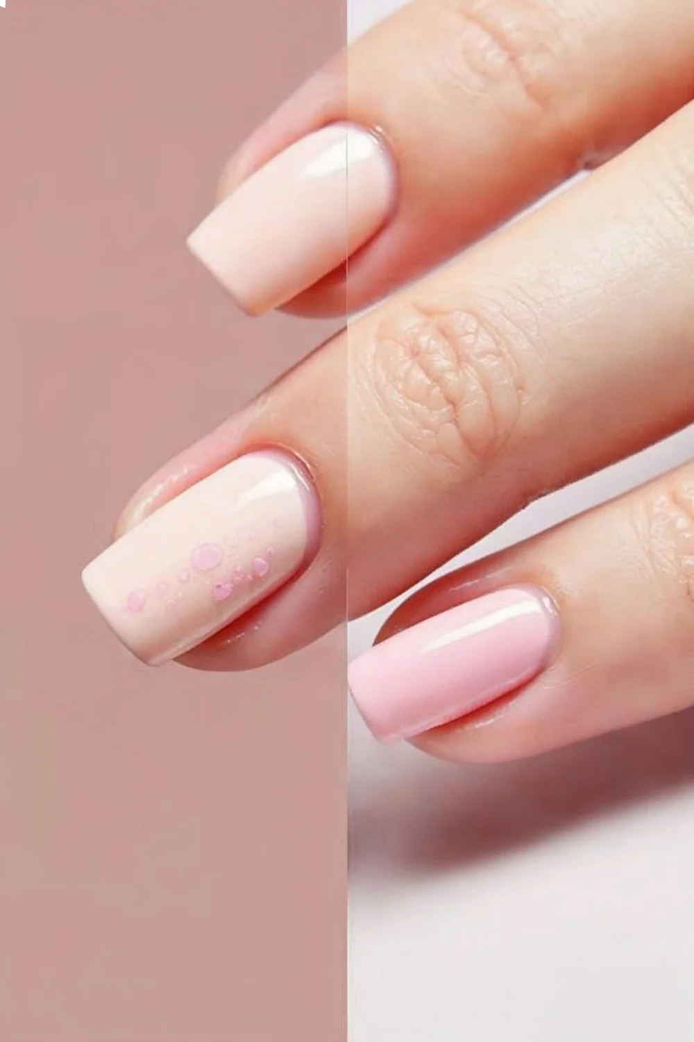 Side-by-side comparison of nail application mistakes and correct technique with nude and pink polish