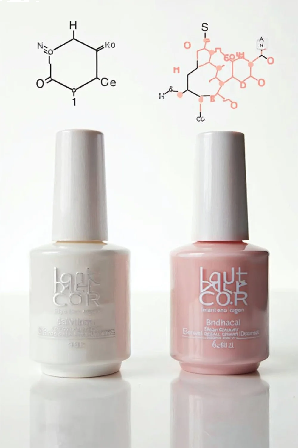 Two nail polish bottles, one white and one light pink, with molecular structure diagrams above them, illustrating best base c
