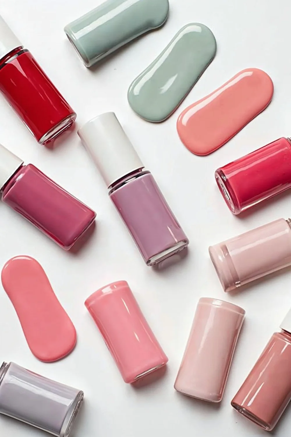Flat lay of all tested spring polishes arranged by color family with brush strokes showing true colors