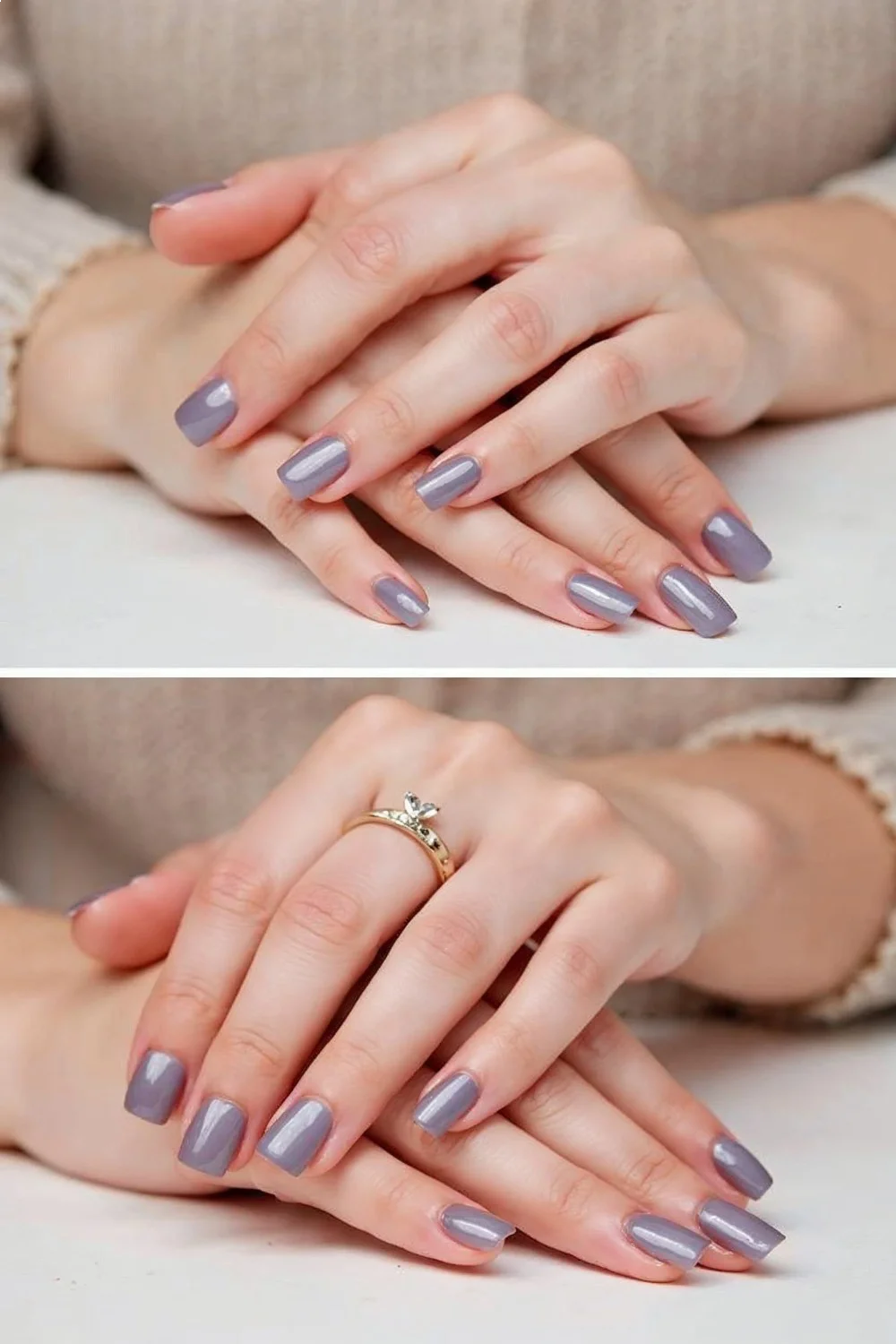Before and after comparison showing regular polish vs same polish with Miracle Gel topcoat, focusing on shine difference