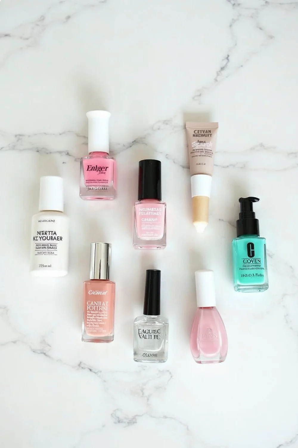 Flat lay of eight nail strengthener bottles in various colors on a white marble surface with natural lighting