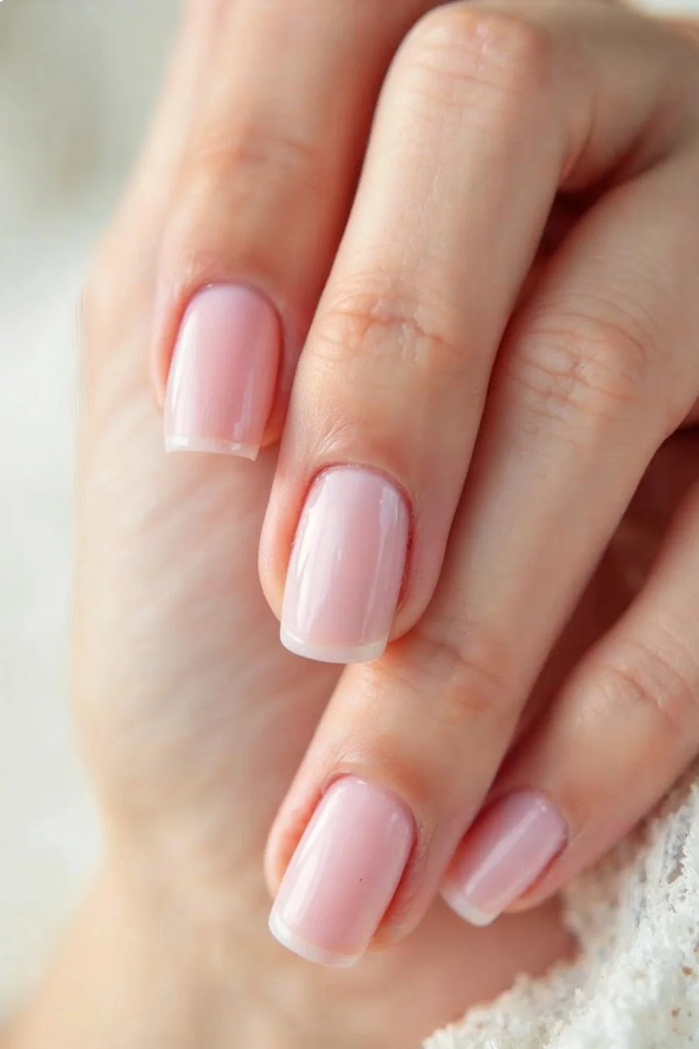 Sheer pink polish on natural nails with a glossy finish, demonstrating the best nail strengthener application