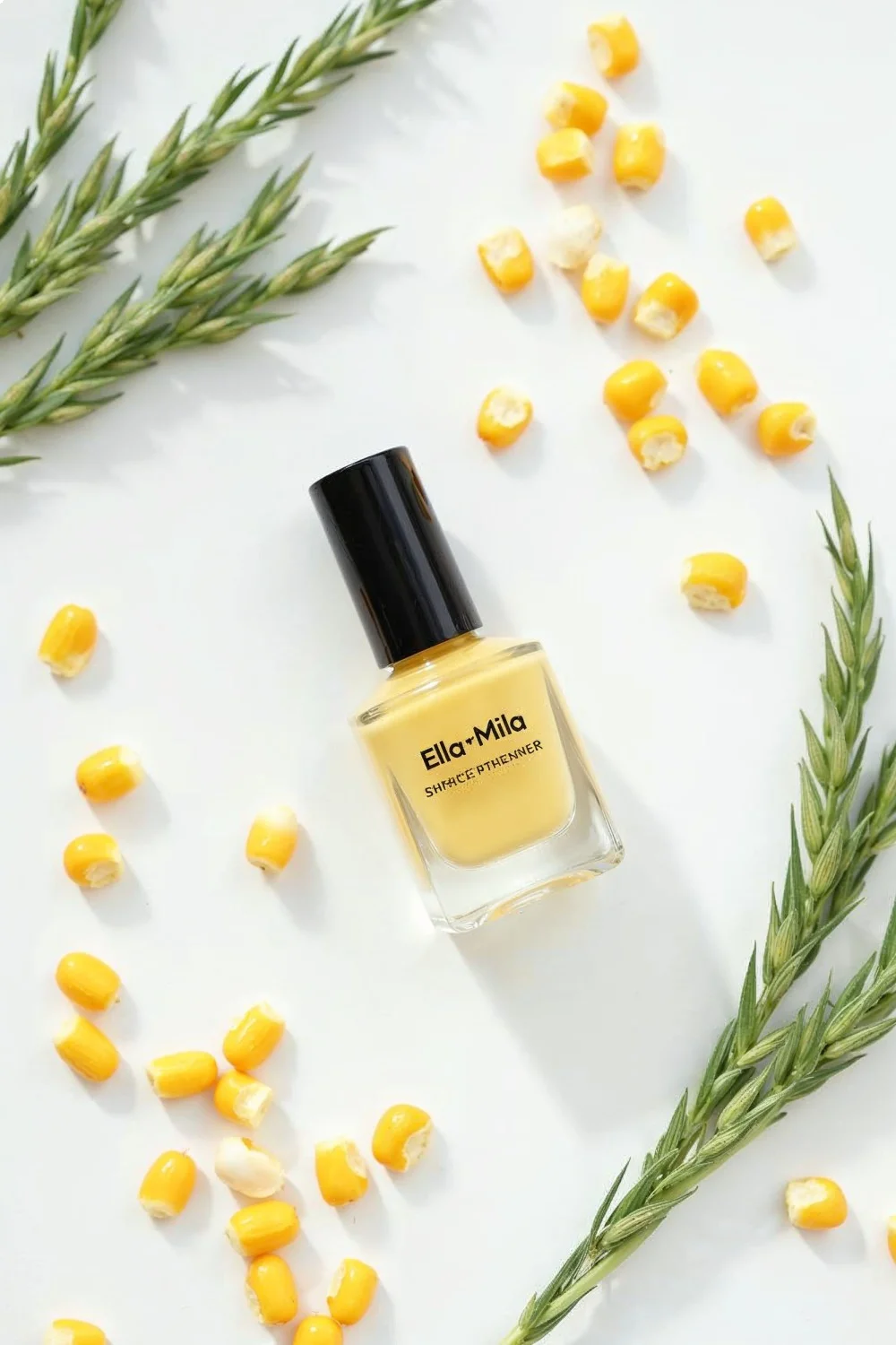 Ella+Mila nail strengthener bottle surrounded by corn kernels and horsetail plant leaves