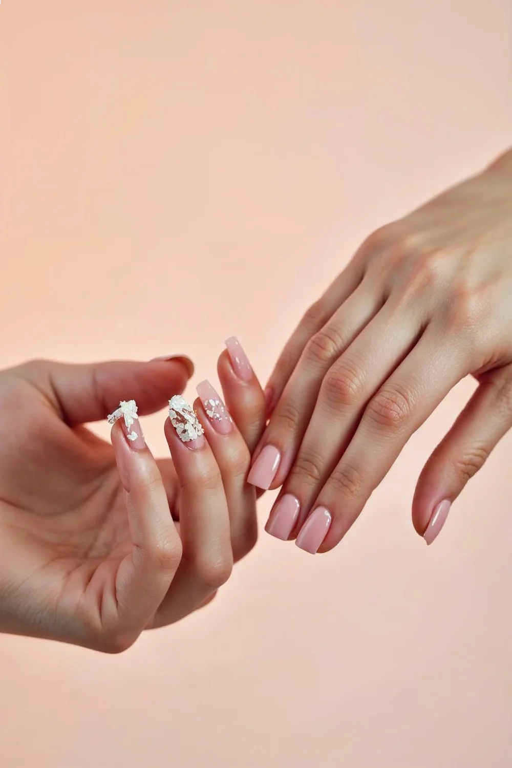 Close-up of hands showing peeling, flaky nails on the left and smooth, glossy nails on the right, best nail strengthener comp