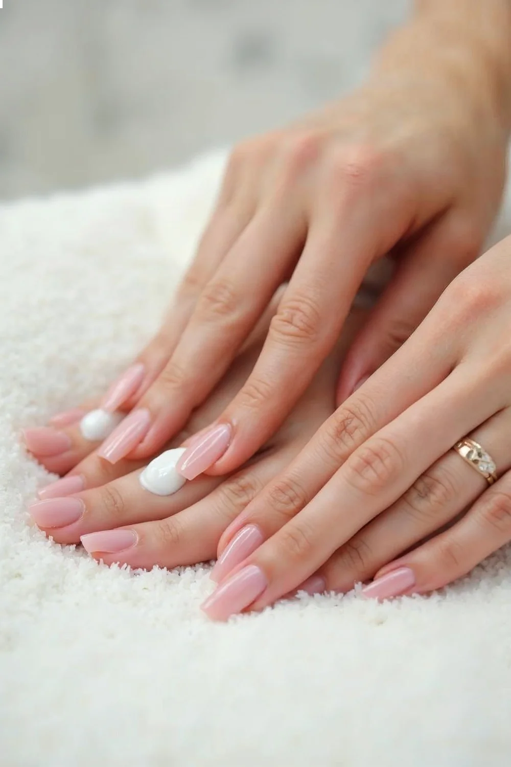 Close-up of hands applying cream to bare nails and cuticles, showcasing a massage technique for the best nail strengthener
