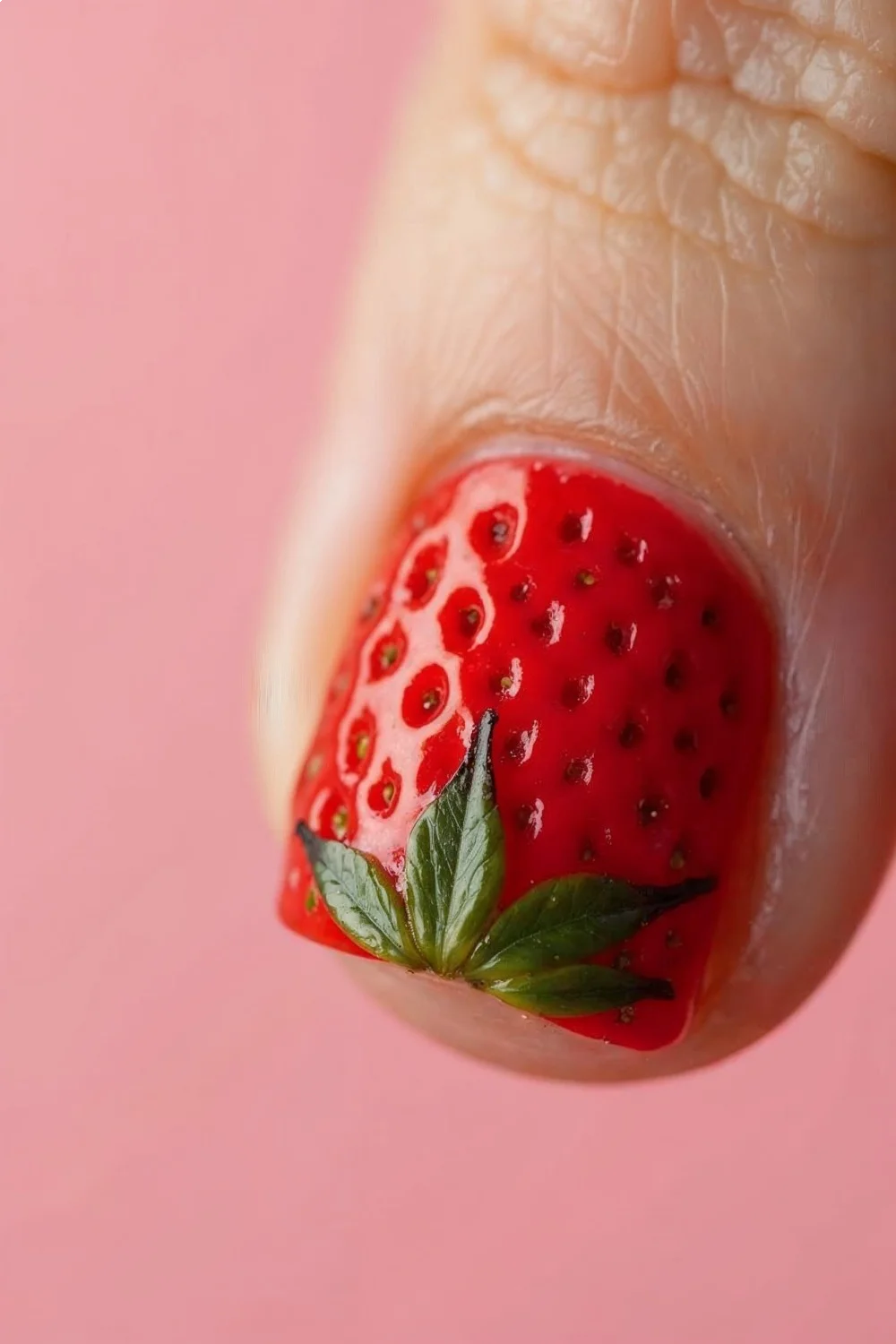 Macro shot of strawberry nail art showing seed detail and leaf texture against a pink base