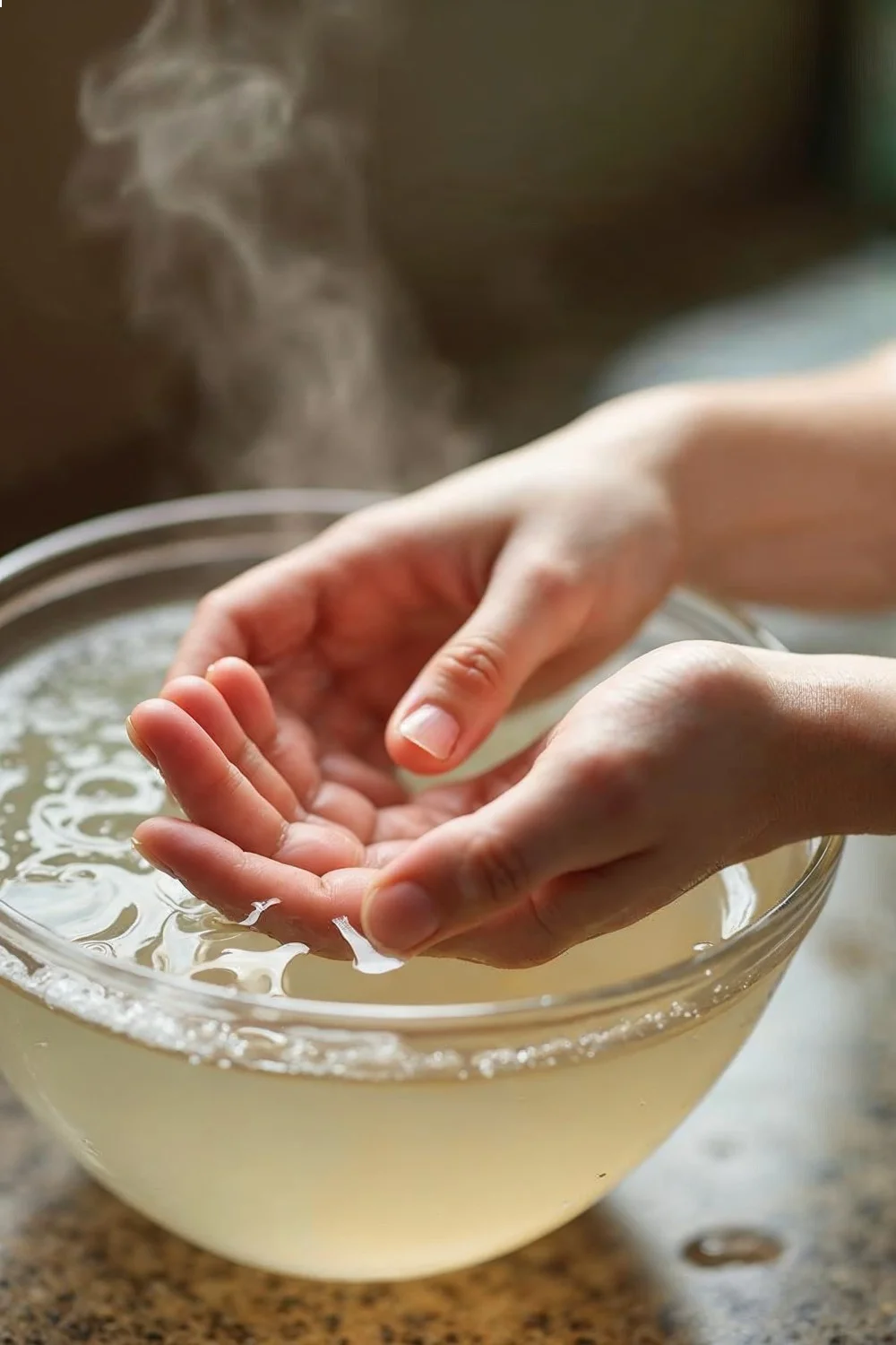 Hands soaking in a clear glass bowl of warm water with steam, fingers positioned for optimal cuticle care