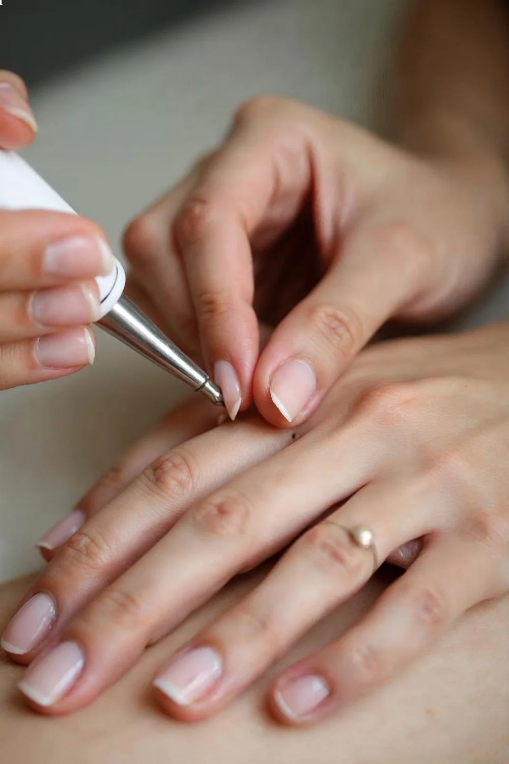Side angle view of a hand using a cuticle pusher, showing soft tissue movement and proper hand positioning