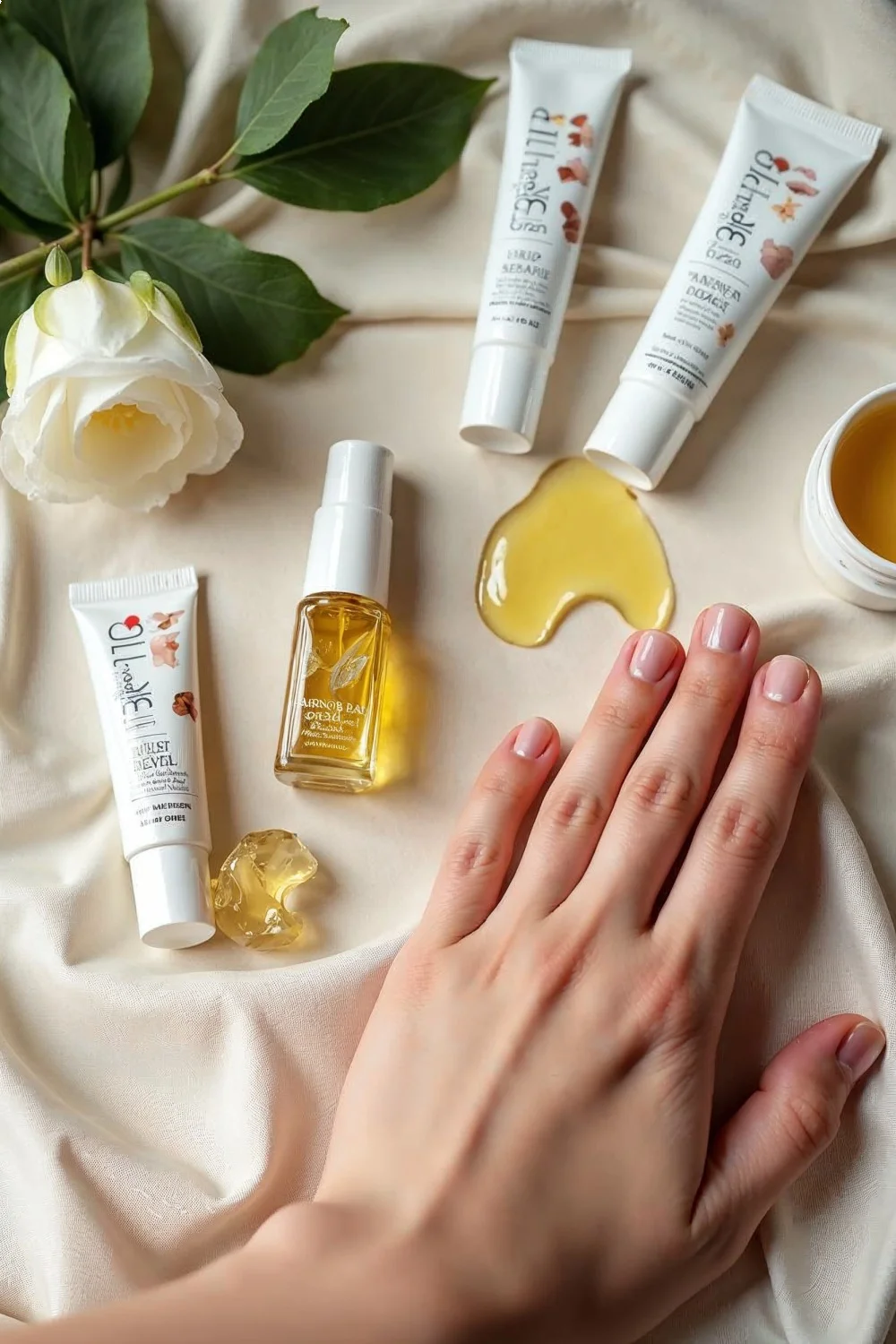Flat lay of cuticle oil and balm tubes with droplets on a hand, surrounded by a flower and leaves