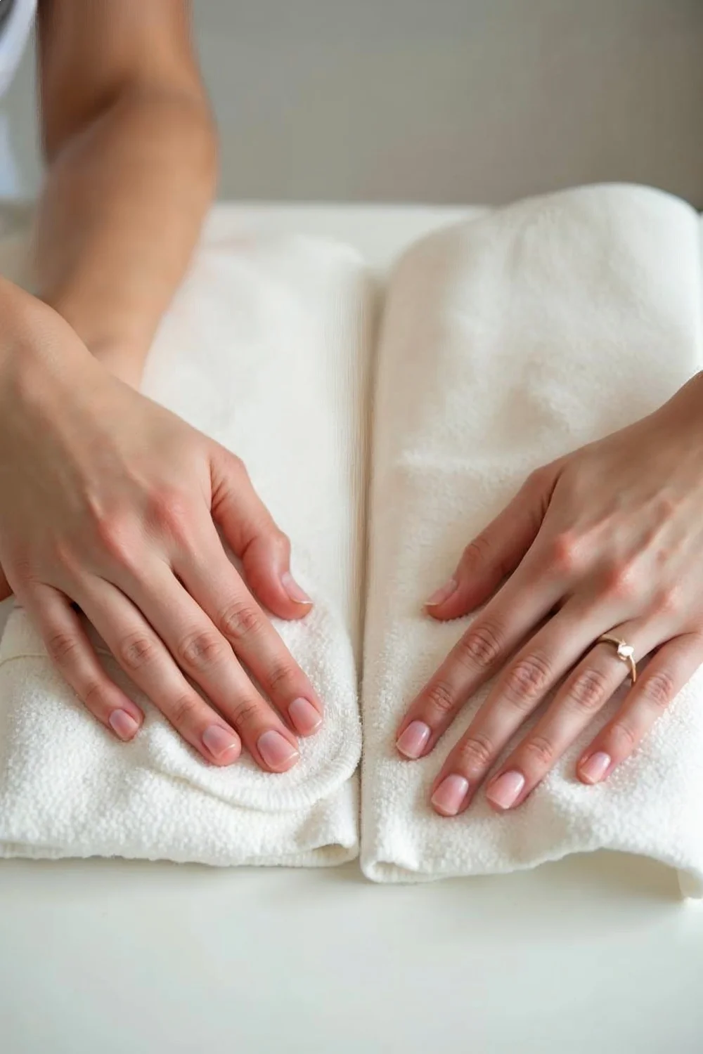 Two hands resting on a white towel, demonstrating proper cuticle care technique with polished nails