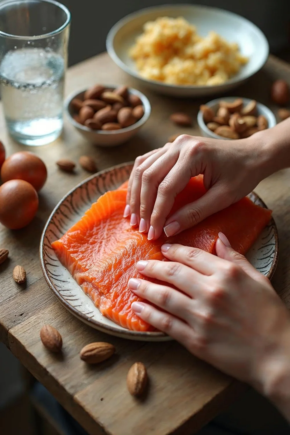 Hands with healthy cuticles resting on a plate of salmon, surrounded by nuts, eggs, and a glass of water