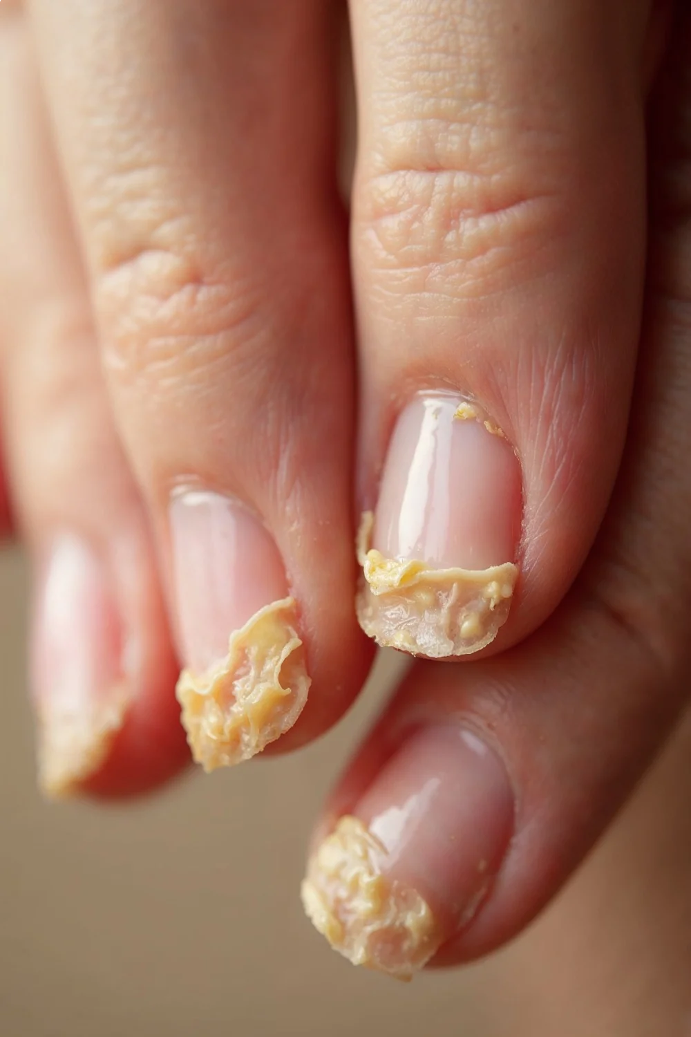 Close-up of healthy, hydrated cuticle on one nail and dry, peeling cuticle on another, showcasing cuticle oil benefits