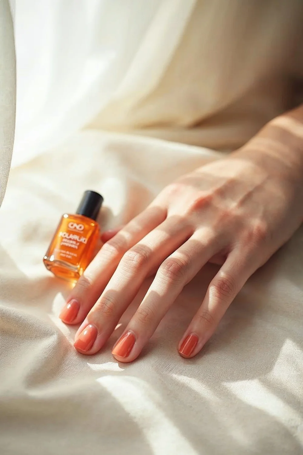 CND SolarOil bottle beside a manicured hand with coral pink nails and visible cuticle area