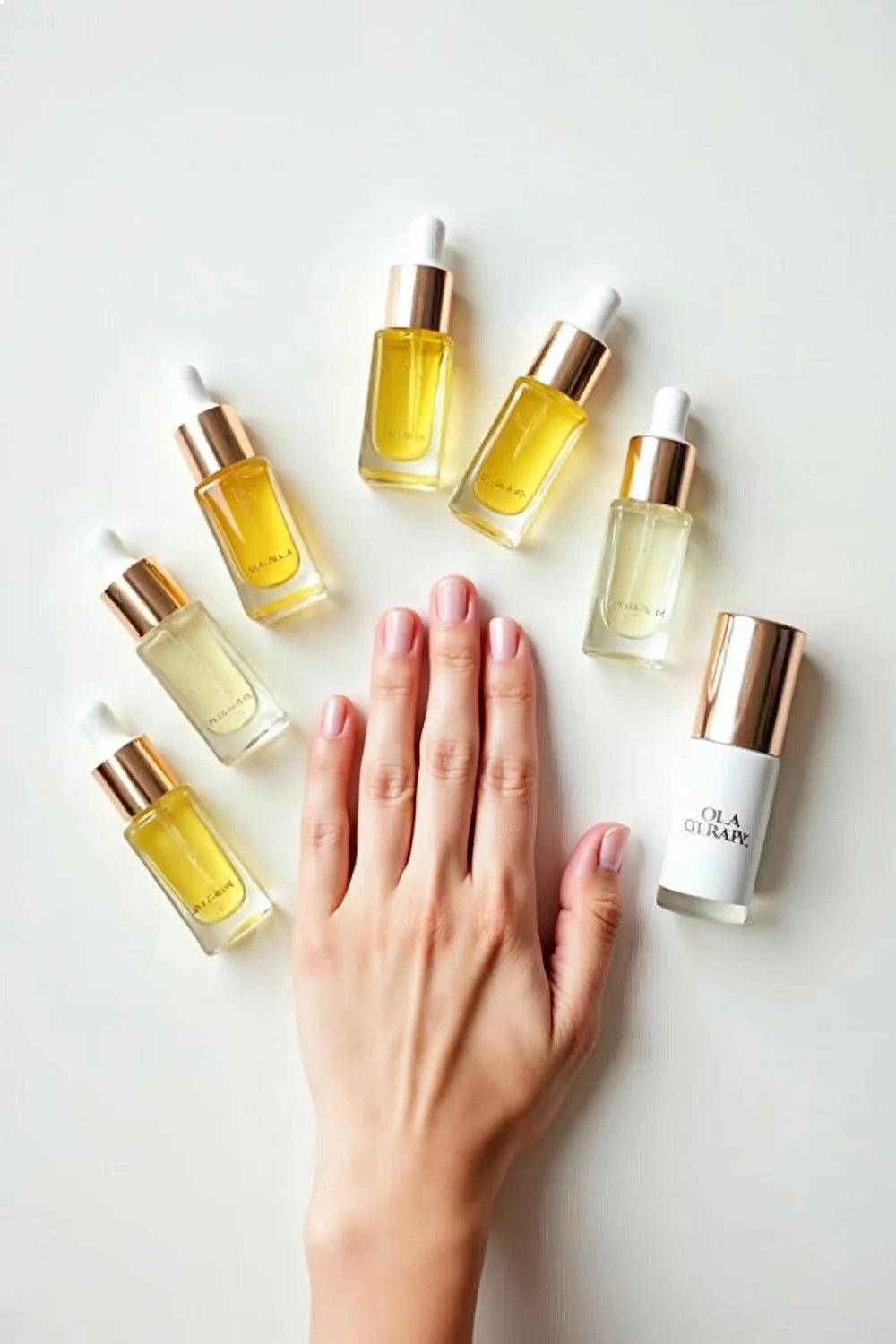 Eight bottles of cuticle oil arranged around a hand with well-moisturized nails on a white surface