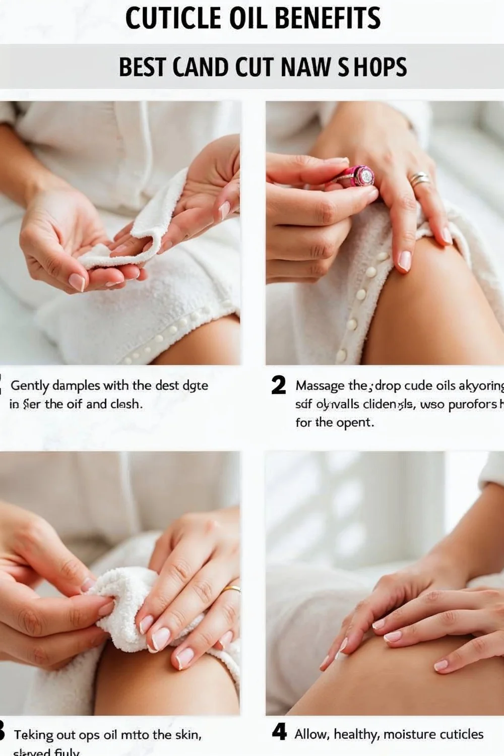 Step-by-step application of cuticle oil on hands with almond nails, showing dampening, massaging, and absorption steps