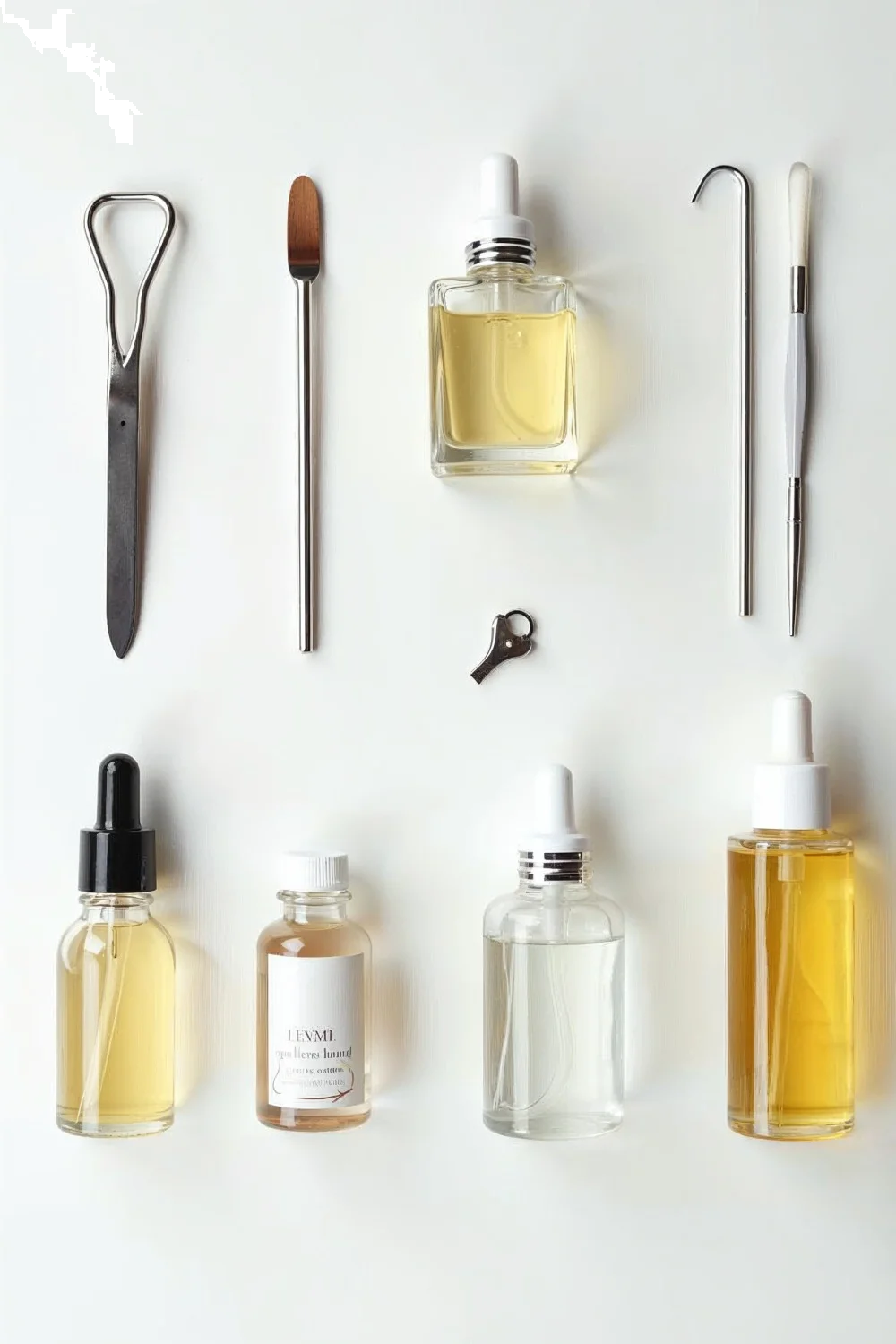 Assorted cuticle oil bottles and removal tools arranged on a white background