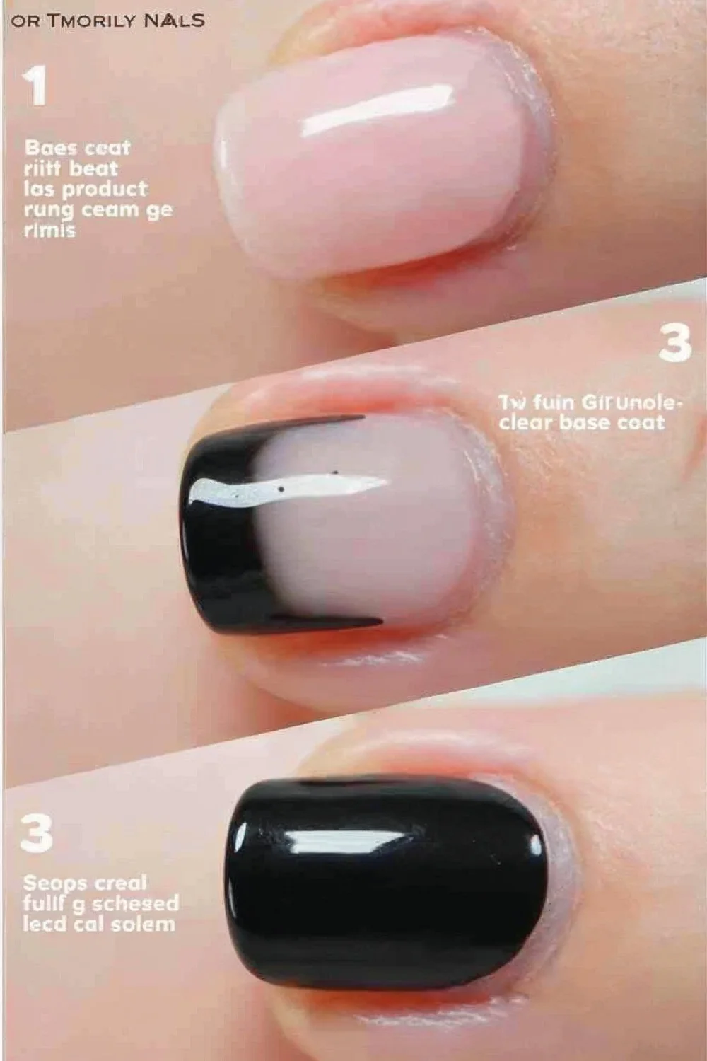 Bare nail with base coat, first thin black gel coat, and second opaque black gel coat for DIY chrome nails tutorial