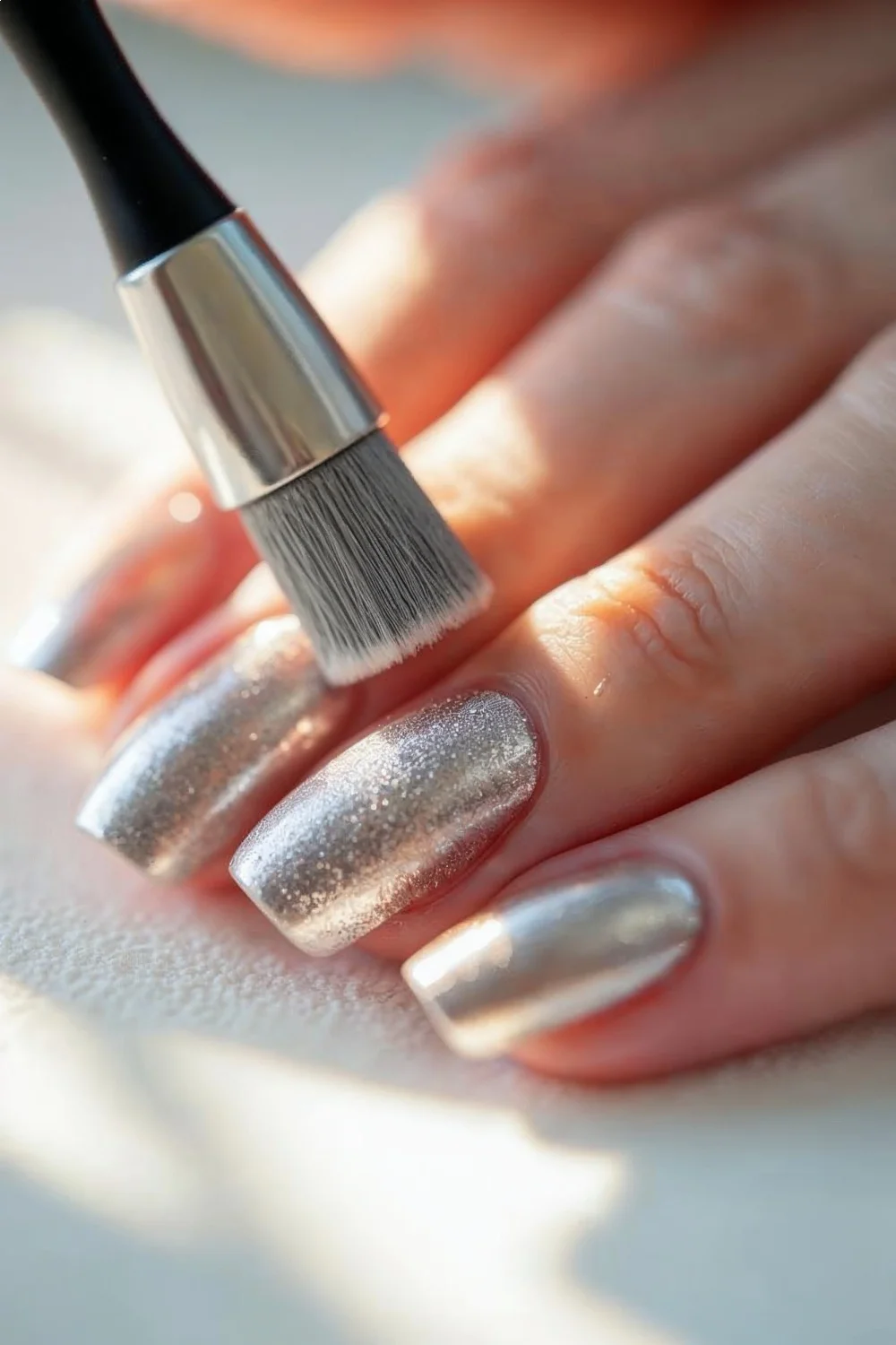 Close-up of chrome powder being applied to nails with an eyeshadow applicator during DIY chrome nails tutorial