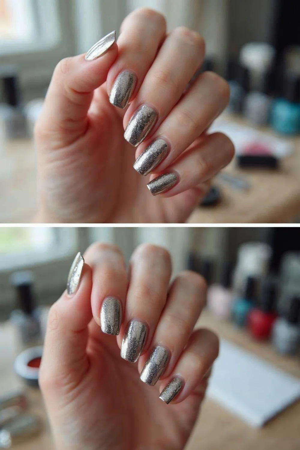 Chrome nails with a mirror finish on almond-shaped nails, unsealed and sealed with a gel top coat