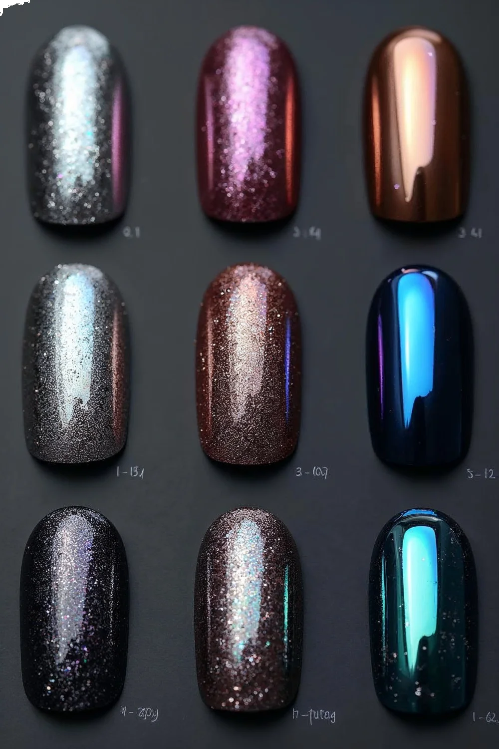 Grid of nail swatches on a black gel base showcasing classic silver, rose gold, holographic, purple-blue multi-chrome, and au