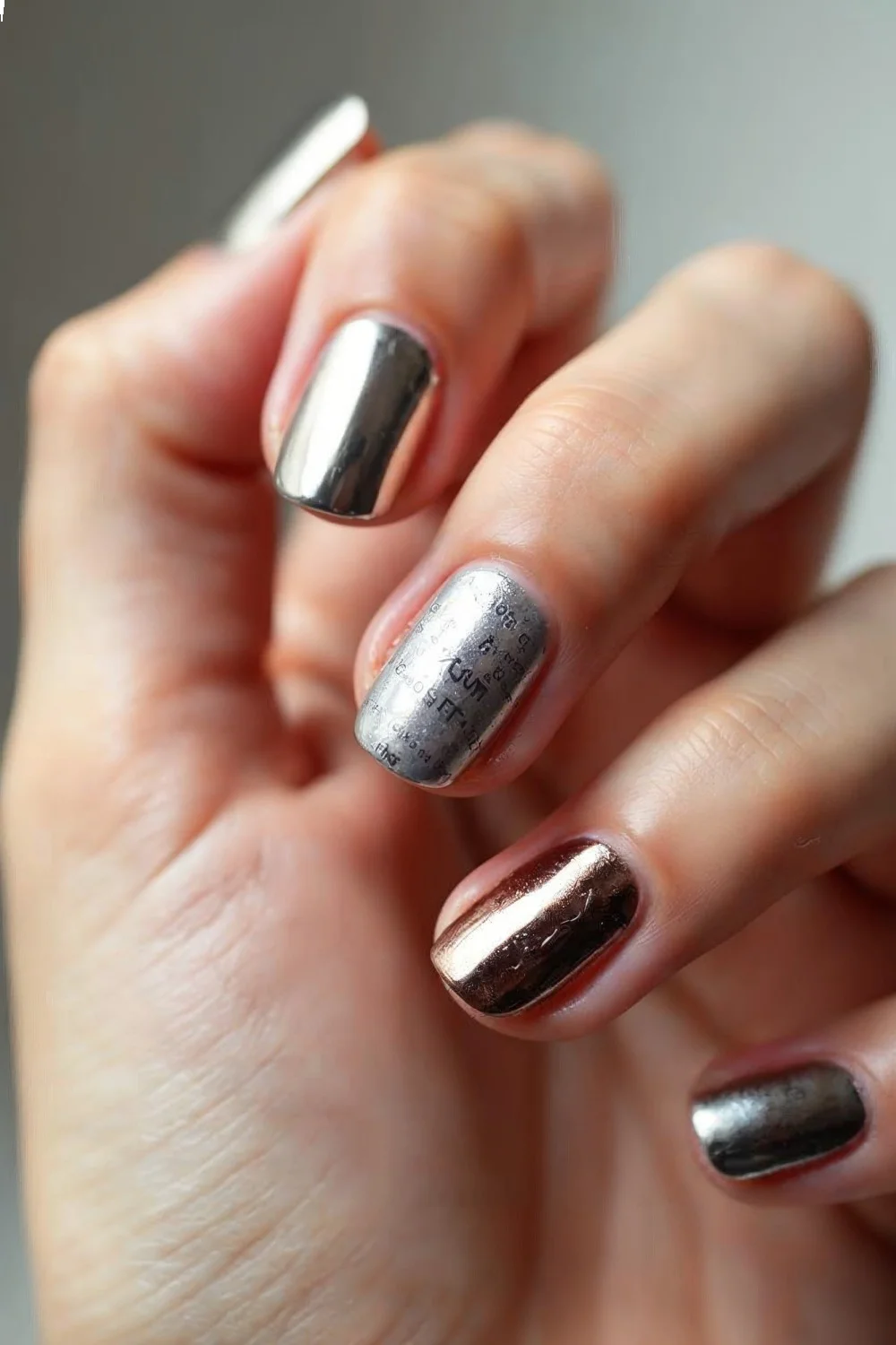 Hand showing five chrome nail variations: classic silver, ombré chrome tips, chrome French tips, matte accent nail, and stamp
