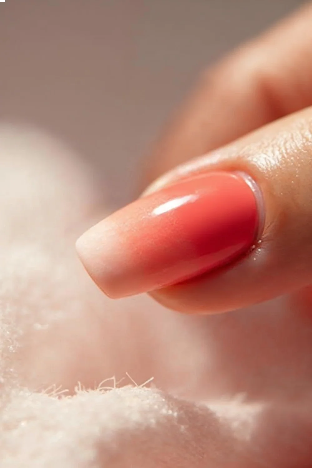 coral to peachy-pink gradient nails in natural light showcasing a smooth color transition