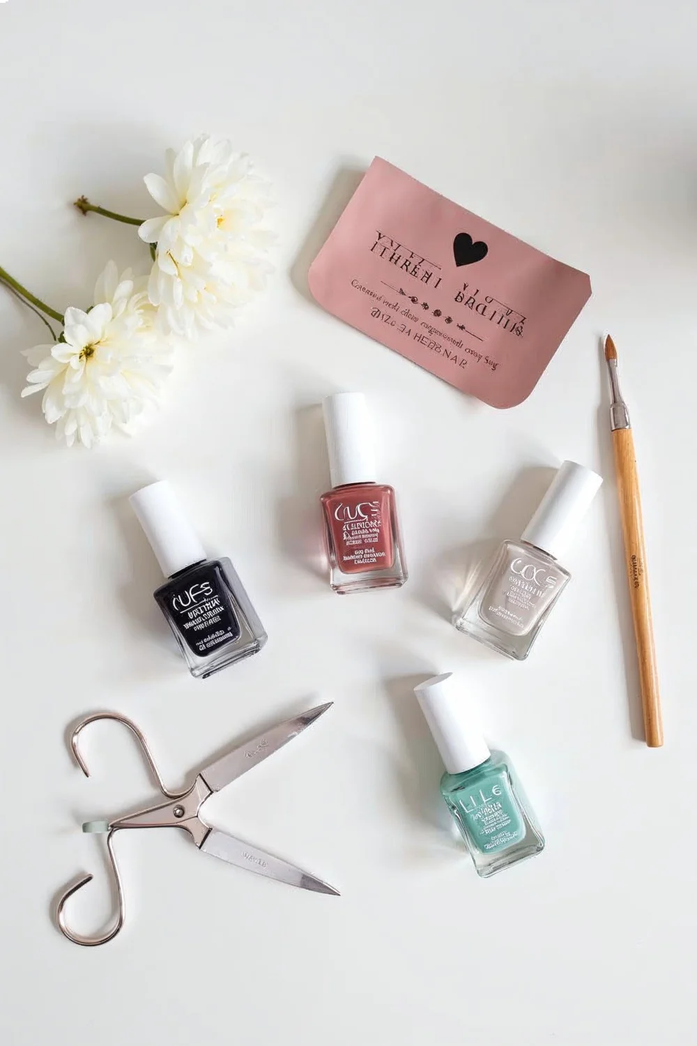 Flat lay of nail supplies including coral pink, mint green, and gray polishes, scissors, and a brush for DIY gradient nails