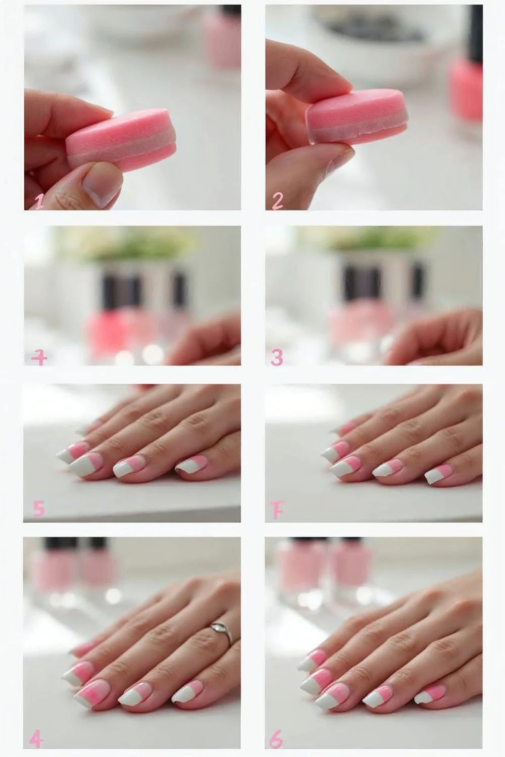 Sponge with pink and white polish stripes, applying gradient on nails with coral pink tips and white base