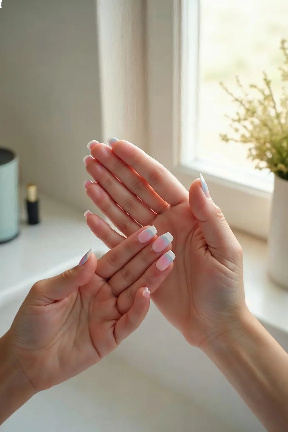 coral pink gradient nails with clean cuticles and white tips on almond-shaped nails